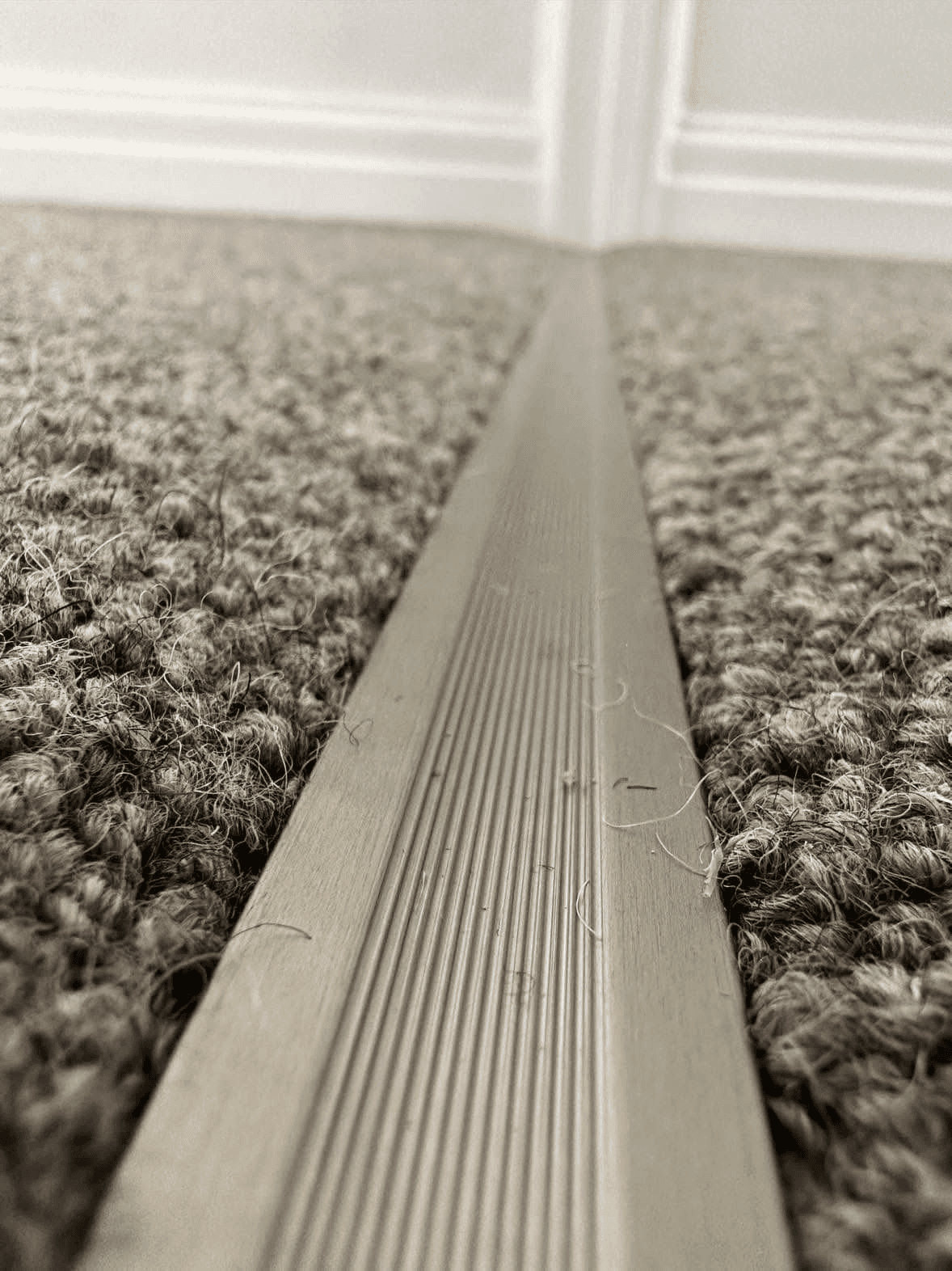 Close-up of professional carpet-to-carpet metal threshold strip installation