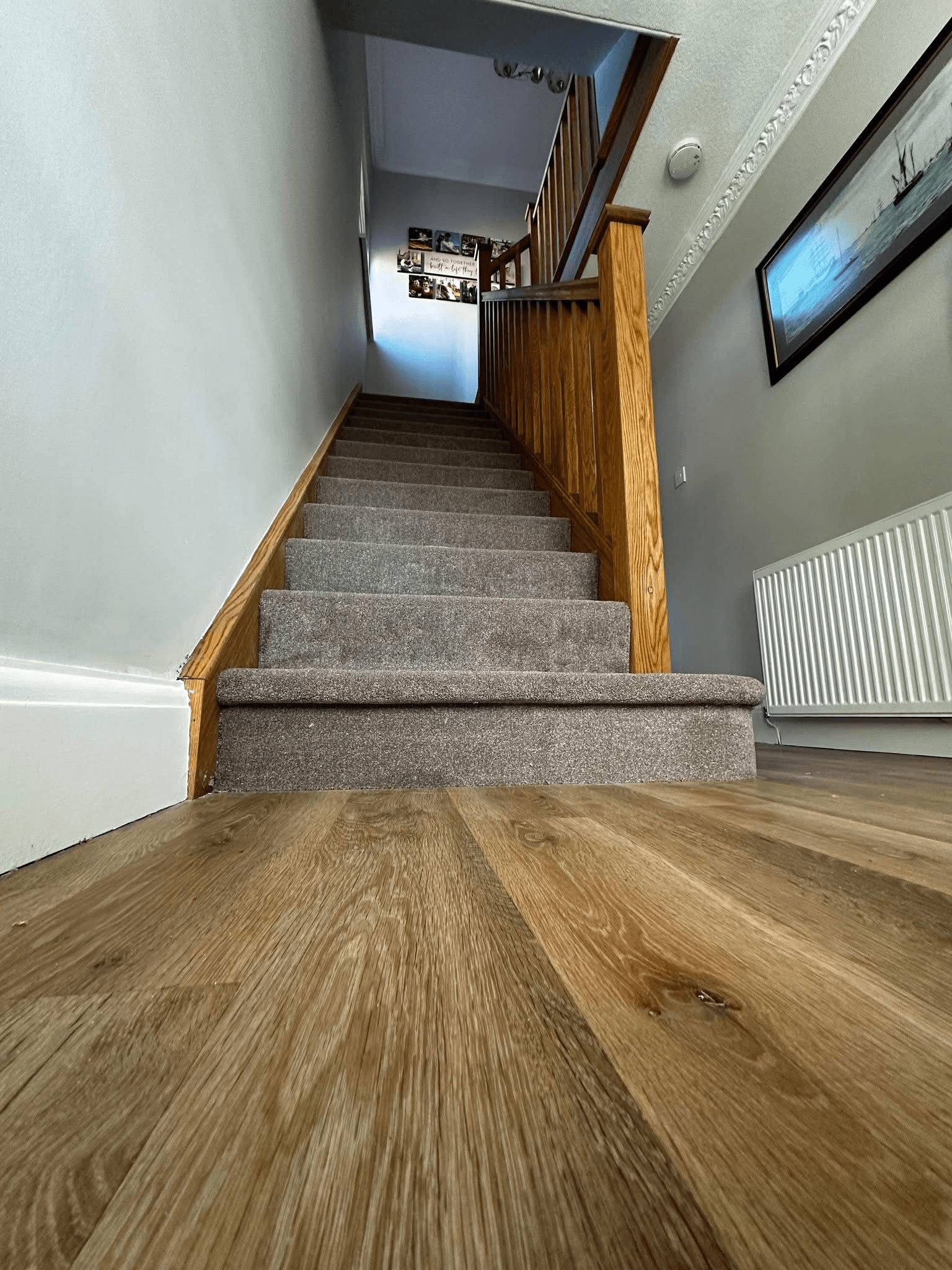 Oak effect laminate flooring in hallway transitioning to carpeted stairs